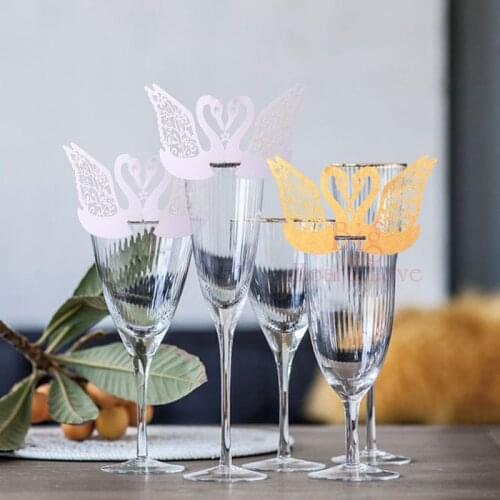 25pcs/lots Double Cute Swan Laser Cut Flower Wine Glass Cup Paper Card Wedding Decoration Wedding Favors And Gifts Party Supply