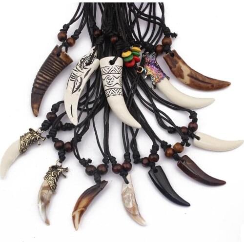 6pcs White/ Brown Resin Wolf Tooth Teeth Amulet Necklace for Wen Faux Yak Bone Pendant Necklace W/ Wood Beads