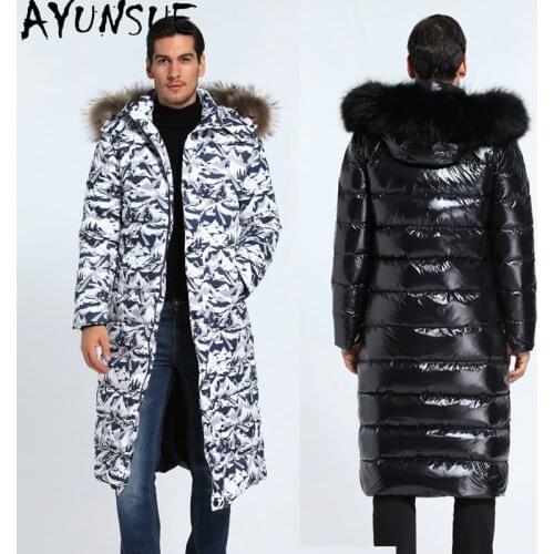 AYUNSUE Mens Down Jacket Warm Long Winter Jacket for Men 90% White Duck Down Coat Raccoon Dog Fur Collar Plus Size Puffer Parka