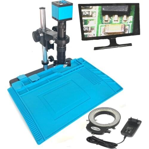 16MP 1080P HDMI USB digital microscope camera 180X C-Mount lens 144 led ring lights lamp with soldering heating resistant pad