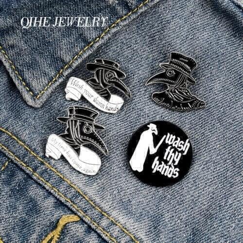QIHE JEWELRY Plague Doctor Enamel Pins Stay At Home Wash Your hands Brooches Badges Fashion Pins Gift for Friends Wholesale