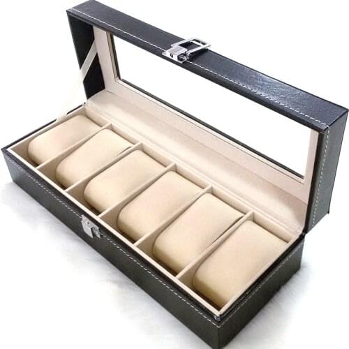 6 Grids Watch Boxes Black PU Leather Watches Case Holder Organizer Storage Box for Quartz Watch Jewelry Box Cover Display Gifts