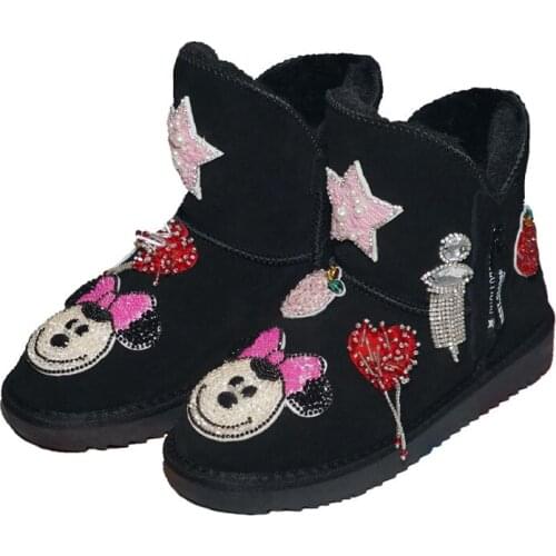 Cute Cartoon Rhinestones Women Snow Boots 2020 Black Cow Suede Bling Crystal Ankle Boots Luxury Warm Fur Winter Shoes Woman