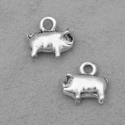 RAINXTAR Fashion Alloy Antique Silver Color Cute 3D Pig Charms For Kids 9*17mm 100pcs AAC376