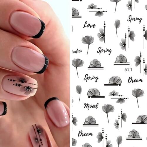 2021 New 3D Nail Art Stickers Bohemia Black Leaf Words Image Nails Stickers for Nails Sticker Decorations Manicure
