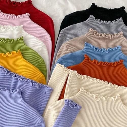 2021 Autumn Chic Fungus Ruched Half High Collar Pullover Sweater Ribbed Knit Slim Stretch Tops Solid All-match Woman Sweaters