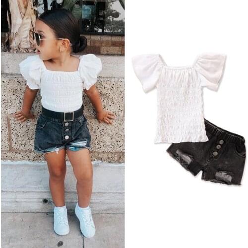 1-6Y Kids Girls Clothes Sets 2021 Summer Solid Off Shoulder Short Sleeve Ruched Tops + Ripped Hole Denim Shorts Children Outfit