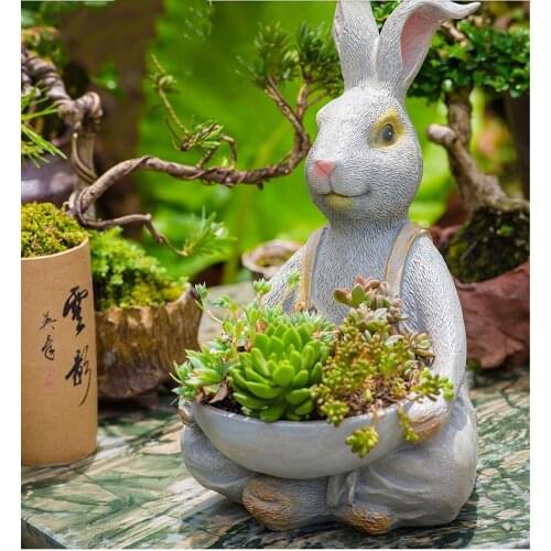 Pastoral Resin Simulation Animal Cute Rabbit Flower Pot Decoration Courtyard Park Furnishing Crafts Outdoor Villa Ornaments Art