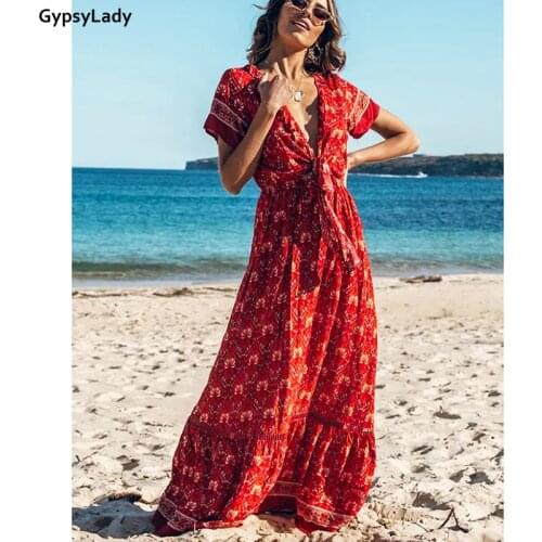 GypsyLady Floral Printed Maxi Dress Vintage Boho Summer Dresses Women Bow Deep V Sexy Ladies Holiday Ladies Female Dresses 2021