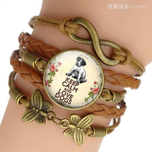 Keep Calm Love Cat and Dog Quote Bracelet Inspirational Jewelry Glass Cabochon Brown Rope Bracelet Charm