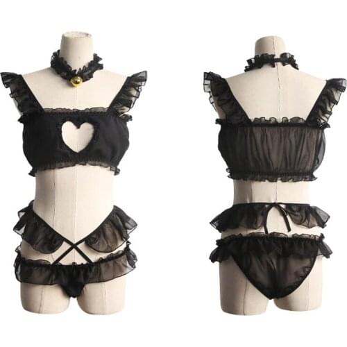 Drop Ship Sexy Women Heart Hollow Out Intimates Set Anime Cosplay Camisoles Lolita Transparent Underwear+Tops+Belt neck ring