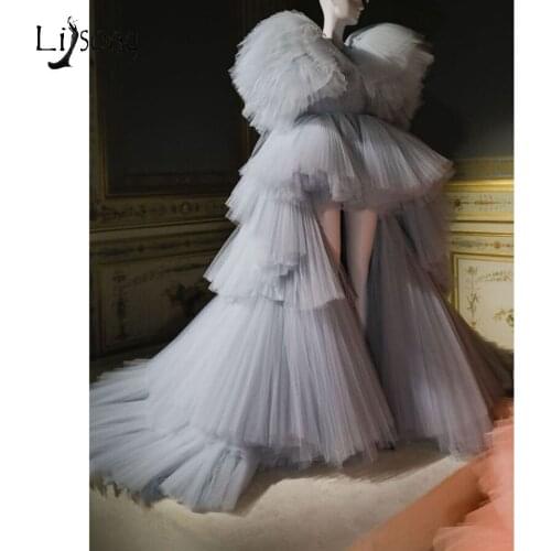 Real Image Chic Light Gray High Low Tulle Prom Dresses Ruffles Tiered Long Prom Gowns Short Sleeves Vestidos De Graduacion