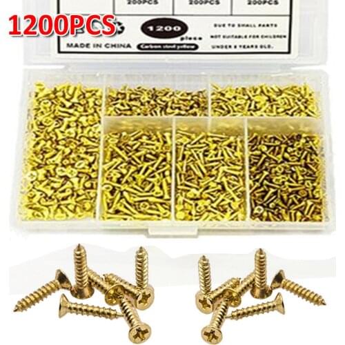 1200Pcs Flat Head Self Tapping Screws Gold Plated Carbon Steel Countersunk Cross Tapping Screw Assortment Kit Furniture Fastener