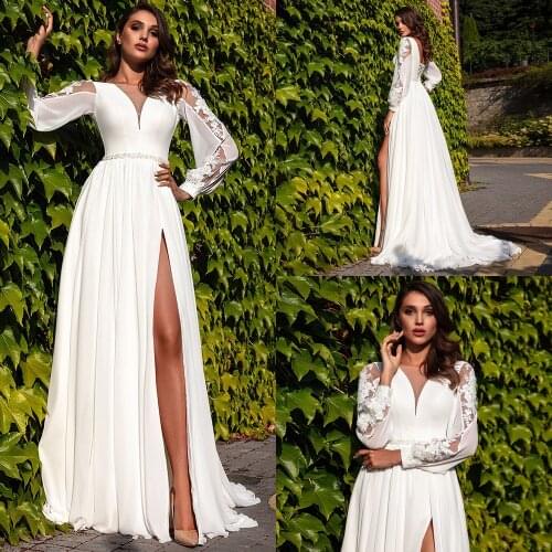 Wedding Dress Romantic V-neck Satin And Chiffon Appliques Long Sleeveless Sweep Train A Line Slit Bridal Gowns Vestido De Noiva