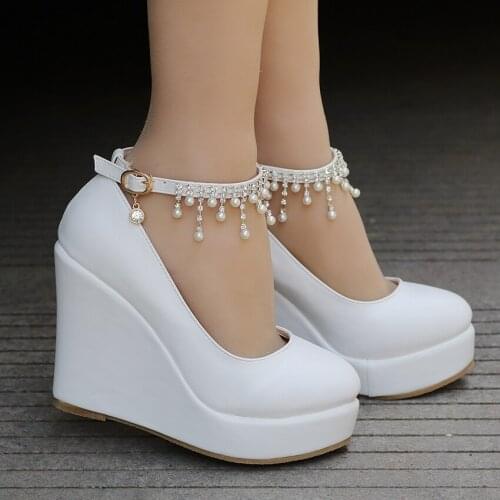 New beaded chain spring autumn casual high-heeled shoes sexy Wedge sandals shoes thick heels platform pumps Black White Large