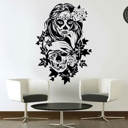 Vinyl Window Decoration Bedroom Mural Wallpaper Sweet Sugar Skull Girl Flower Tattoo Studio Wall Sticker Dead Day Sticker