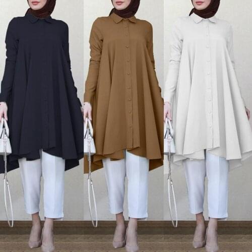 Vintage Muslim Tops Asymmetrical Shirts Womens Blouse 2021 Casual Long Sleeve Turkish Robe Shirts Female Solid Islam Clothing
