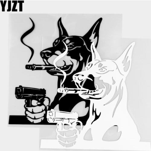 YJZT 18×16.6CM Exquisite Vinyl Decal Fun Doberman Dog And Gun Art Car Sticker Decorative Modeling Black / Silver 20C-0432