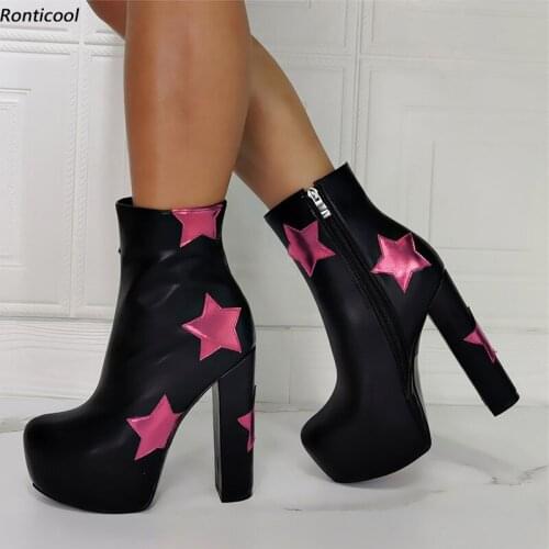 Ronticool Women Platform Winter Ankle Boots Stars Decoration Square High Heel Round Toe Gorgeous 9 Colors Party Shoes Size 46 47