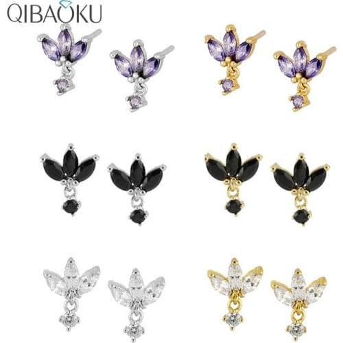 925 Sterling Silver Stud Earrings For Women Lotus Leaf Personality Mujer Jewelry Pendientes Black Zircon Diamond Earings