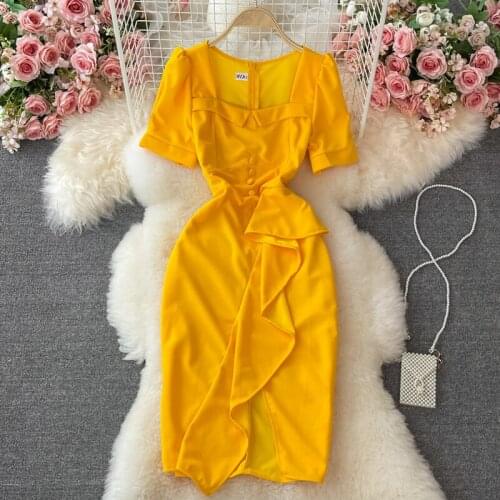 Ladies dress short-sleeved summer 2021 new fashion square collar waist slimming ruffled split dress skirt