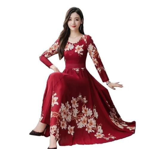 Spring summer hot sale womens dress fashion sexy high waist medium long plus size long sleeve big swing floral pullover dresses