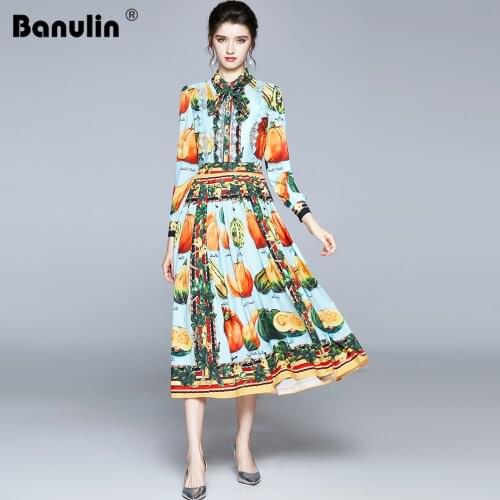2020 Spring Autumn Runway Fruits Vegetables Pleated Dress Women Bow Neck Long Sleeve Lace Pearl Buttons Floral Print Long Dress