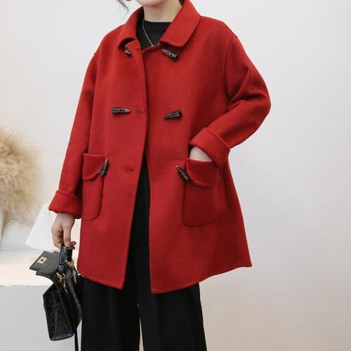Fashion Korean Clothes Woolen Coat Women Black Horn Button Outerwear 2021 New Jackets Spring Wool Blends Coats Manteau WPY4204