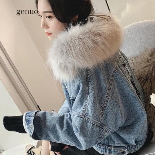 Winter Cold Warm Denim Jacket Female Fur Trimming Turban Cotton Lining Casual Jacket Female Korean Version XL Loose Coat