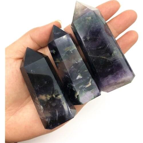 Beautiful 1PC Natural Black Colorful Fluorite Quartz Crystal Stone Point Tower Healing Hexagonal Wand Natural Quartz Crystals