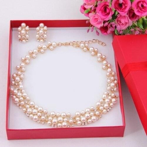 2Pcs Women Fashion Faux Pearl Rhinestone Inlaid Necklace Earrings Jewelry Set