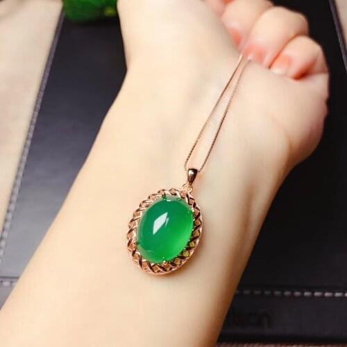Big size clear green chalcedony gemstone pendant for women silver necklace green color natural gem girl 925 silver birthday gift