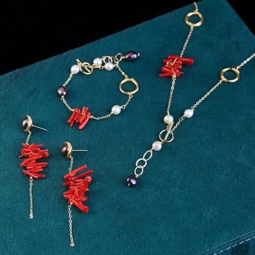 Black Baroque Pearls Bracelet Red Coral Freshwater Pearl Pendant Necklace Long Tassel Earrings Jewelry Set Fashion Women Gifts