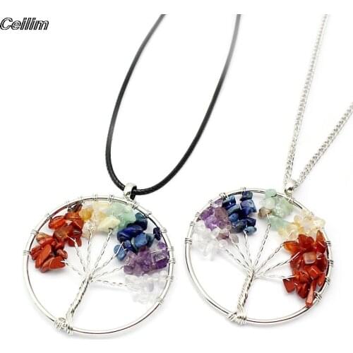 Ceilim 7 Chakra Quartz Natural Stone Tree Of Life Pendant Necklace For Women Healing Crystal Necklaces Pendants Jewelry