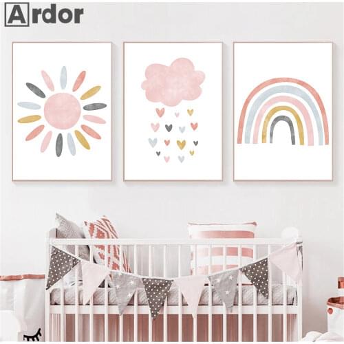 Child Canvas Print Pink Cartoon Cloud Sun Rainbow Wall Art Painting Nursery Poster Nordic Wall Pictures For Baby Kids Room Decor