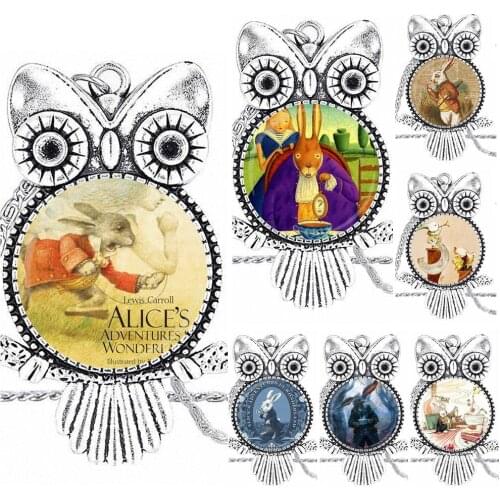 EJ Glaze For Women Men Vintage Jewelry Glass Cabochon Choker Pendant Long Owl Necklace Alices Adventures in Wonderland Rabbit