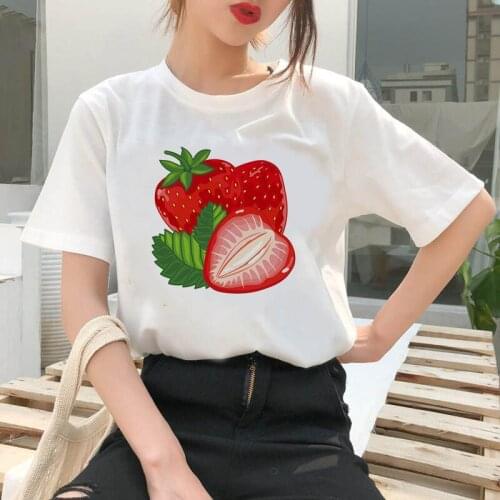 Harajuku graphic T-shirt short sleeve Womens T-shirt cute strawberry apple funny printed T-shirt fashion casual white T-shirt