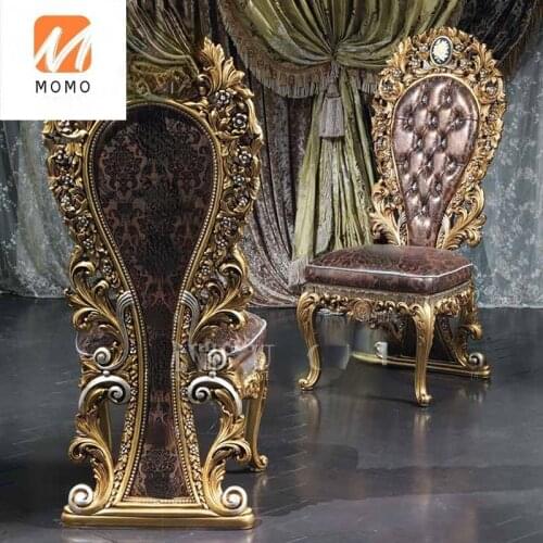 Italian Leather Dining Chair European-Style Solid Wood Carved Armrest Dining Chair French Court Villa Leisure Chair Furniture