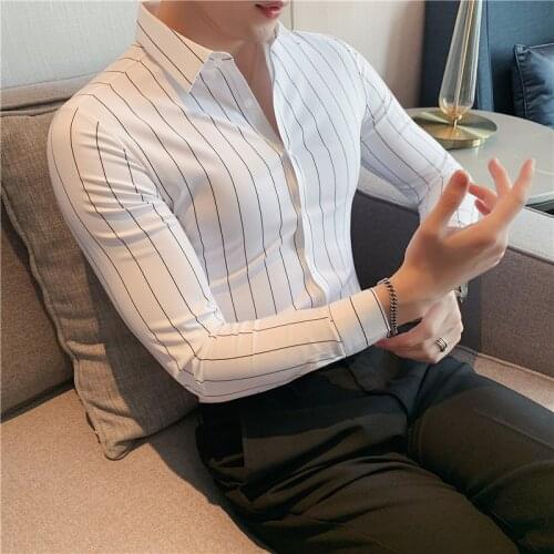 Quality Autumn Winter Long Sleeve Striped Shirts Men Clothing 2021 Simple Plus Size Business Formal Wear Slim Fit Chemise Homme