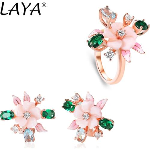Laya 925 Sterling Silver Luxury Jewelry High Quality Zircon Natural Shell Flower Green Leaf Enamel Earrings Ring Set For Women
