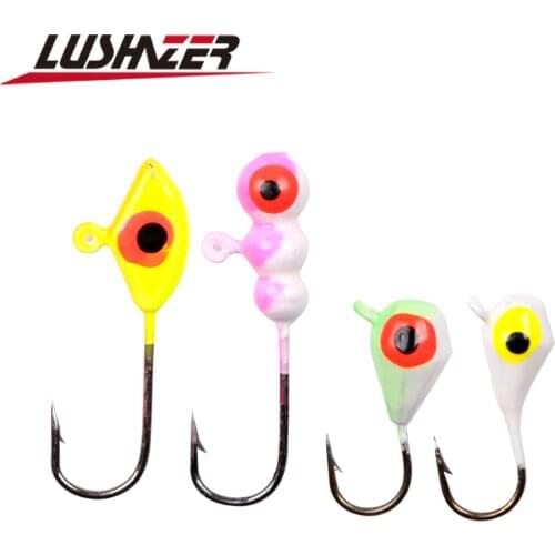 LUSHAZER 4PCS/Lot 1.1g 1.2g 1.7g 1.8g Ice Fishing Hook Hard Lure Bait Jig Lead Head Hook For Fish 3D EyesFishing Lead Head Hook