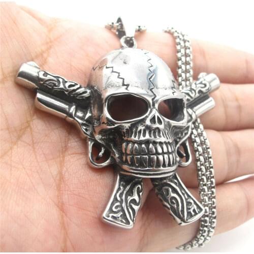 Mens Large Stainless Steel Biker Gun Skull Pendant Necklace 26 Inch Chain