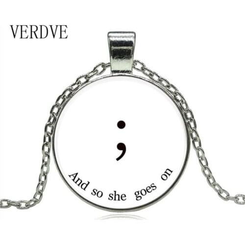 New Inspirational Semicolon and So She Goes On Necklace Cabochon Glass Awareness Necklace Vintage Women Necklaces