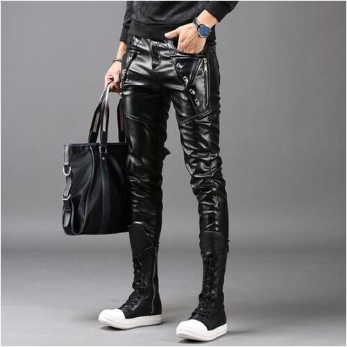 New Fashion mens Leather Pants men Slim Pencil Pants Korea clubs Fold Trends Joggers PU Autumn Pants Black