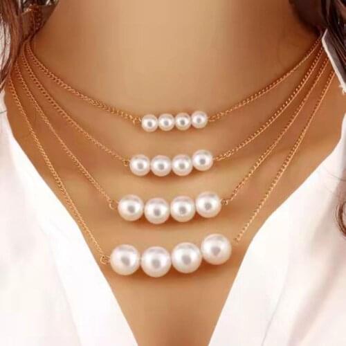 Fashion Temperament Womens Necklace Creative Golden Metal Chain Four-Layer Artificial Pearl Necklace 2021 Trend New Party Gift