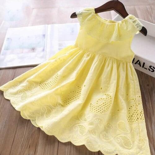 Ruffled Round Neck Girl Dress New Summer Sleeveless Embroidery Hollow Lace Sweet Princess Banquet Dress For 2-6Y