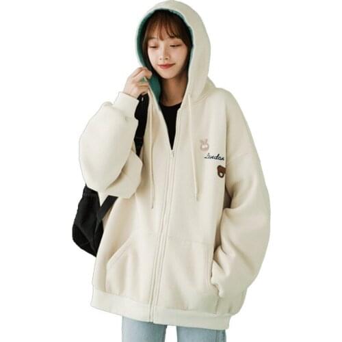 Casual Cotton Embroidery Bunny Bear Harajuku Zip Up Hooded Long Sleeve Spring Fall Sweatshirt Women Apricot Coat Student Gifted