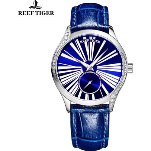 Reef Tiger/RT Luxury Ultra Thin Ladies Watch Blue Dial Leather Strap Automatic Mechanical Watch Ladies Gifts Relogio Feminino