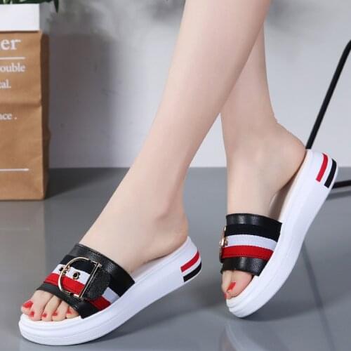 Women Slippers Flat Shoes Woman Leather Beach Sandals Ladies Luxury Belt Platform Slides Flip Flops Summer