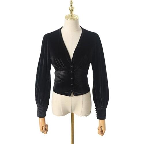 Vintage Velour Tops For Women Palace Style V-Neck Long Sleeve Corset Shirts, 2021 Spring New Casual Streetwear
